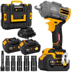 lot 20691 image: JEXUGK 1000N.m 12 Cordless Impact Gun, 740ft-lbs 21V Brushless High Torque Wrench with 2 x 4.0Ah Battery, 5 x Sockets & Fast Charger, Power Impact Driver for Truck Car Home Mower - Retail $130.33