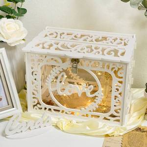 lot 20694 image: AerWo White PVC Storage Box for Wedding, 12.0 x 9.3 x 8.5 inches, Holds 300 Cards, Waterproof, DIY Decorations, Lock & String Light Included