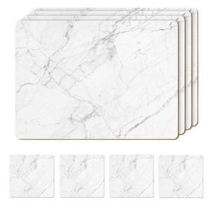 lot 20695 image: Moderry Set of 4 Heat Resistant Cork Placemats for Dining Table with Free Set of 4 Matching Drink Coasters Marble Design 16 x 12 Inches Cork Backed Hard Placemats (White Marble)