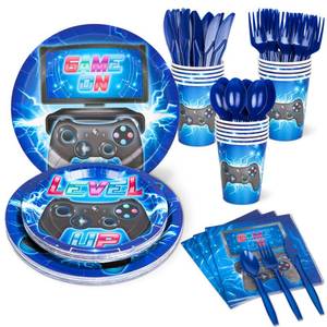 lot 20701 image: DECORLIFE 112 PCS Video Game Party Supplies Serves 16, Blue Gamer Birthday Plates, Cups, Napkins Included for Boys Birthday Decorations