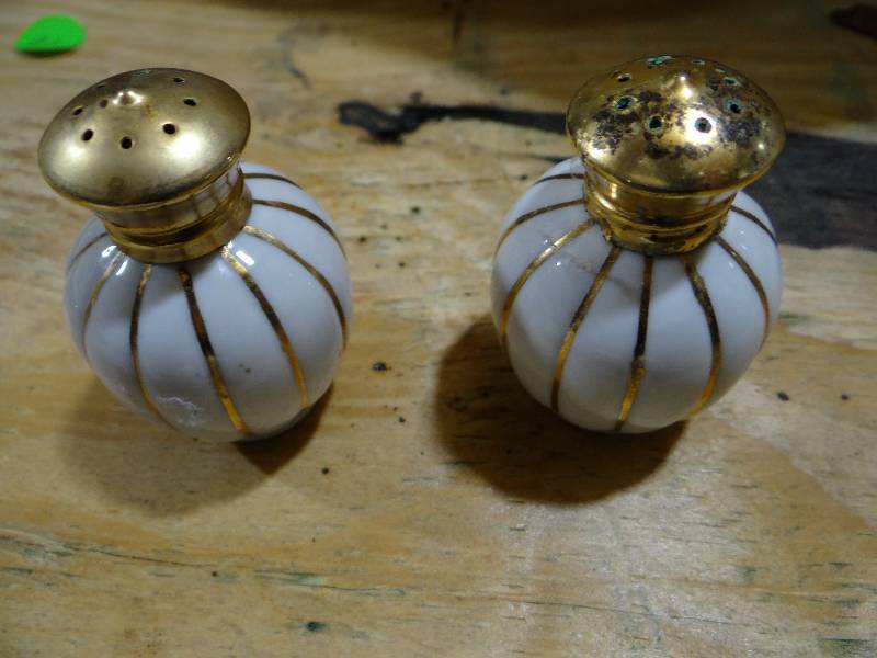 lot 923 image: Porcelain hand painted irice salt and pepper shakers.