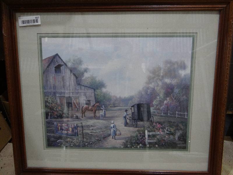 lot 937 image: Barnyard picture in frame.