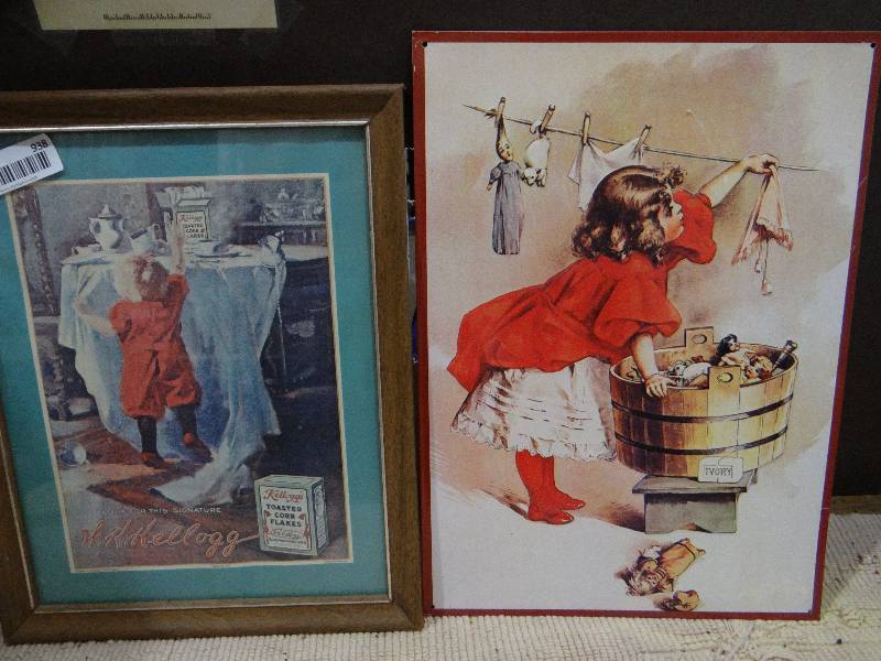 lot 938 image: September 1916 Kellogg corn flakes picture in frame and tin ivory soap picture.