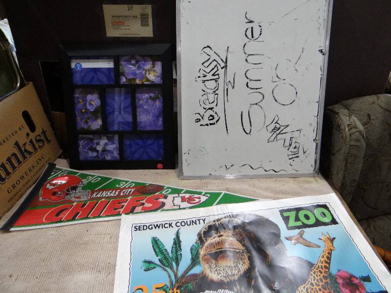 lot 939 image: Picture frame, dry earase board, zoo picture and KC chiefs pennant.