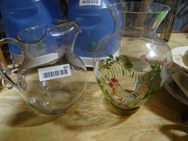 lot 947 image: Chicken flower vase, glass tea pitcher.