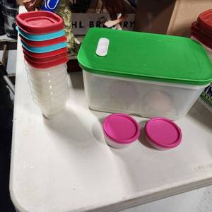 lot 234 image: Tupperware fridge smart storage container with mini snack cups and Rubbermaid condiment containers