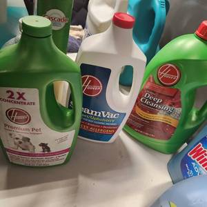 lot 241 image: Hoover Deep Cleansing solution almost full,, Steamvac 12 full and Premium Pet cleansing solution almost full