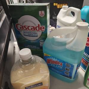 lot 243 image: Cascade dishwasher powder, Windex Plus (both almost full) and Softsoap hand soap refill 12 full