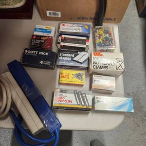 lot 247 image: Paper clips, staples, butterfly clamps, push pins and 2 power strips