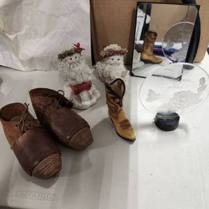 lot 263 image: Antique Pair Of Clogs for Child Wood Carved And Leather, 2 Dreamsicles, miniature boot and more