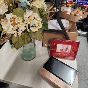 lot 265 image: Digiland DVD player (no power cord), photo frame and glass11 tall jar with faux flowers
