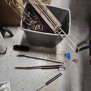 lot 289 image: 4 Kabob grilling holders, tongs and long bottle brush with trashcan