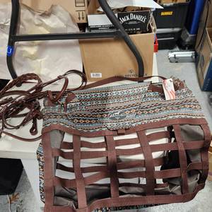 lot 300 image: Professional Choice med feed hay bag and Weaver leather hackamore bridle with reins