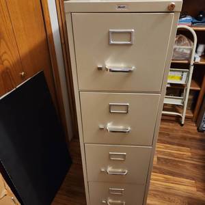 lot 317 image: Hirsh 4 drawer file cabinet 52 x 15 x 26.5, hanging file folders and labels (no key)
