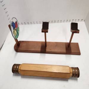 lot 439 image: Vintage Handmade Stained Glass Double Wheel Kaleidoscope w Wood Stand, 9 x 17