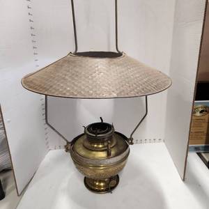 lot 441 image: Antique metal hanging oil lamp approx 32 tall
