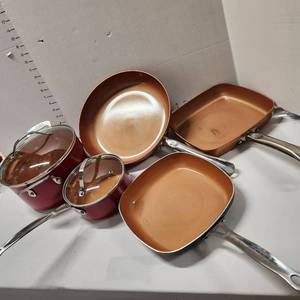 lot 517 image: Red Copper stock pot & sauce pan both with lids, Gotham skillet and 2 Copper Chef skillets