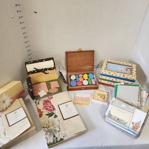 lot 631 image: Scrapbook Anna Griffin cardstock sheets & die cuts, Mary Engelbreit punch studio stationary with envelopes and more