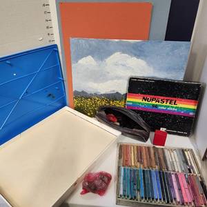 lot 639 image: Eberhard Faber Nupastel color sticks, drawing paper in case, poster boards and accessories