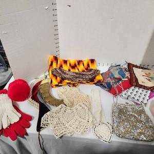 lot 646 image: Bounty silver beaded evening bag, scarves, assorted collars, gloves and ear muffs