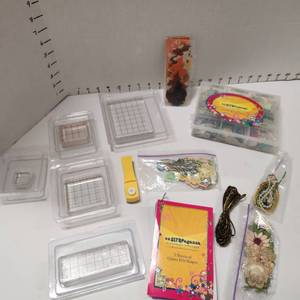 lot 673 image: Pooler Design Tools acrylic grid blocks ( perfect for stamping), exSCRAPEaganza glitter felt shapes & goodie box of shapes, appliques and ribbon,