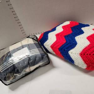 lot 680 image: King size blue plaid duvet cover with 2 shams and patriotic crochet Afghan throw