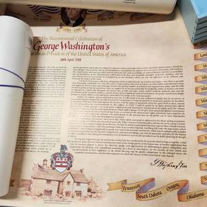 lot 689 image: George Washington Bicentennial celebration document copy, Bill of Rights document copy map of the world copy, Skyhawk softball, glass containers, foam cups and wood basket