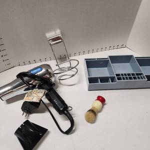 lot 694 image: Conair hairdryer, drawer organizer, over the door holder for hairdryer and shaving brush