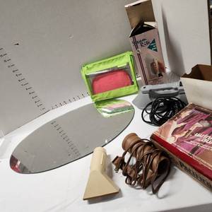 lot 696 image: Mirrored glass oval, steam rote iron and wrinkles away hand steamer