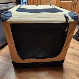 lot 319 image: Amazon Basics 2-Door Portable Soft-Sided Folding Soft Dog Travel Crate Kennel, Medium (M 30 x 21 x 21), Tan stores flat, Petsafe outdoor barking control and Bark Off ultrasonic training aid