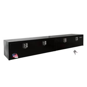 lot 17575 image: Buyers Products 1702960 Black Steel Topsider Truck Box With T-Handle Latch, 16 x 13 x 96 Inch Truck Tool Box For Storage And Organization, Lockable Tool Chest for Work Trucks - Retail $723.39