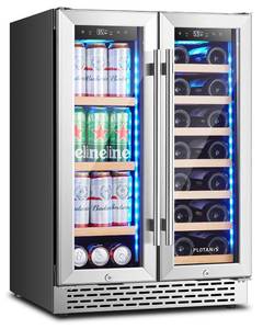 lot 17578 image: Plotanis 24 Inch Wine Fridge Dual Zone 20 Bottles 60 Cans Wine Refrigerator Built-in or Freestanding Wine Beverage Cooler with Glass Door, 3-Color Light, Safety Lock - Retail $981.71 ( has a couple small dents)