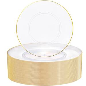 lot 17589 image: Nervure 100Pieces Clear and Gold Rim Plastic Plates - 7.5inch Disposable Gold Salad Dessert Plates - Clear and Gold Party Plates Ideal for Wedding & Party & Thanksgiving