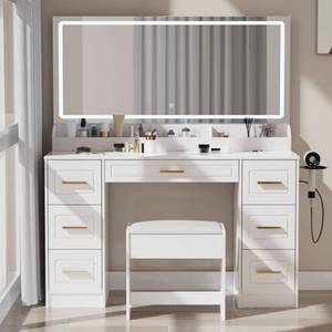lot 17590 image: Homesflex Vanity Desk with Mirror and LED Lights, 43 W Makeup Vanity Desk with Power Outlet, 3 Color Modes, 7 Drawers Vanity Table with Chair, Dressing Table for Bedroom, Dressing Room (White) - Retail $322.53