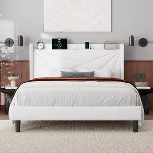 lot 17600 image: Feonase Queen Bed Frame with Charging Station, Upholstered Platform Bed Frame with Wingback Storage Headboard, Solid Wood Slats Support, No Box Spring Needed, White - Retail $184.42