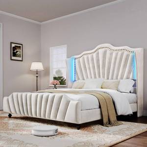 lot 17612 image: DWVO Queen Size Platform Bed Frame with 60 Tall Wingback Headboard and Footboard, Velvet Upholstered Bed with LED Light, Solid Wood Leg, No Box Spring Needed, Easy Assembly, Beige - Retail $246.49