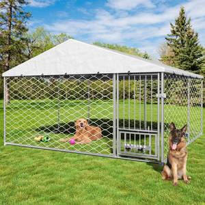 lot 17616 image: Yafylly 10x10 Large Outdoor Dog Kennel with Roof, Heavy Duty Dog Kennel Outside with Waterproof Tarpaulin and Rotating Feeder Bowls, Covered Dog Outdoor Kennel for Small Medium Large Dogs - Retail $299.54