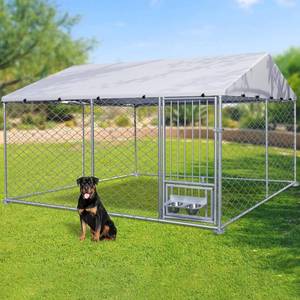 lot 17618 image: Rovibek Large Outdoor Dog Kennel with Roof, Outside Dog Kennel Heavy Duty Dog Run Fence with Waterproof Sun-Proof Cover and 2 Stainless Steel Dog Bowl - Retail $299.98