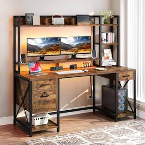 lot 17620 image: DWVO Computer Desk with Drawers & Hutch, 59.1 Office Desk with Power Outlets & LED Lights, Home Office Desk with Storage Shelves, Rustic Brown - Retail $160.81