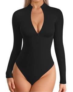 lot 43981 image: MANGOPOP Long Sleeve Body Suit Mock Turtle Neck Zip Up Bodysuit for Women Ribbed Deep V Sexy Bodysuit Shirts