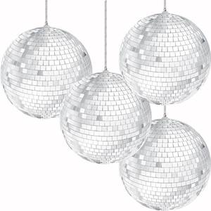 lot 43984 image: The Dreidel Company Mirror Disco Ball 4 Inch 4-Pack, Silver Hanging Ball with Attached String for Ring, Reflects Light, Fun Party Home Bands Decorations, Party Favor (4-Pack)