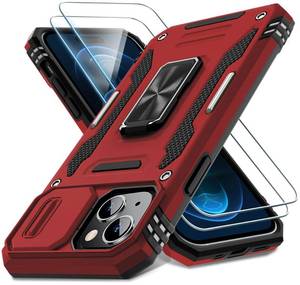 lot 45979 image: DEERLAMN Case for iPhone 15 with Slide Camera Cover  Screen Protector (2 Packs), Rotated Ring Kickstand Military Grade Shockproof Protective Cover-Red
