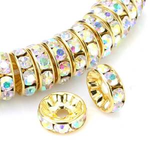 lot 45983 image: RUBYCA 100pcs Round Rondelle Spacer Bead Gold Tone 10mm AB White Czech Crystal