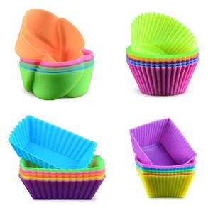 lot 45994 image: Silicone Baking Cups Cupcake Liners - 24 Pcs Reusable Silicone Molds Including Round, Rectanguar, Square, Flower Food Grade Silicone