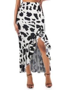 lot 45996 image: Womens Skirt Midi Length Ruffles Trim High Split Thigh Animal Printed Skirts Elastic Casual Swing Skirts(Medium,Black Allover Cow)