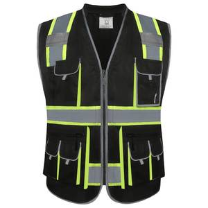 lot 48937 image: JKSafety 10 Pockets Hi-Vis Zipper Front Black Safety Vest  Cushioned Collar  High Reflective Tapes with Extended Neon Yellow Strips  Meets ANSIISEA Standards (Large, 89-Black)