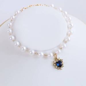 lot 48938 image: leasote Pet Pearl Necklace Collars, Bling Heart-shaped Pendant Cat Pearl Necklace, Adjustable Dog Jewelry Collar for Small Cats Puppy Necklace Suit for Pet Wedding Birthday Party Blue S