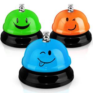 lot 48946 image: Hotop 3 Pcs Desk Bell for Service Funny Call Bell Front Desk Bell Smile Face Bells Metal Ringer Bell for Kitchen Hotel Restaurant Classroom(Smile Face,Blue, Green, Orange)