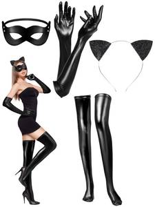 lot 48955 image: Zhanmai 4 Pcs Halloween Cat Costume Accessory for Women Including Masquerade Cat Mask Ear Headband PU Leather Glove Thigh High Stockings for Halloween Cat Themed Party