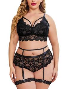 lot 48978 image: Avidlove Plus Size Lingerie for Women Floral Lace Scallop Trim Bra High Waist Panties Set Garter Lingerie Set Black
